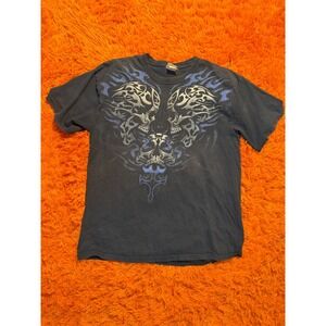 Gildan Heavy Cotton Mens Skull Tribal Blue Flame Graphic T-Shirt Faded Black L